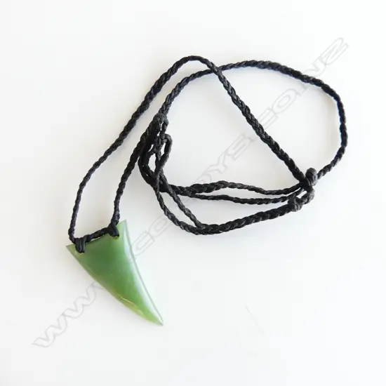 TE KAHA carved pounamu (gem inanga)  niho mango (shark tooth) pendant with certificate 2016. L 40mm