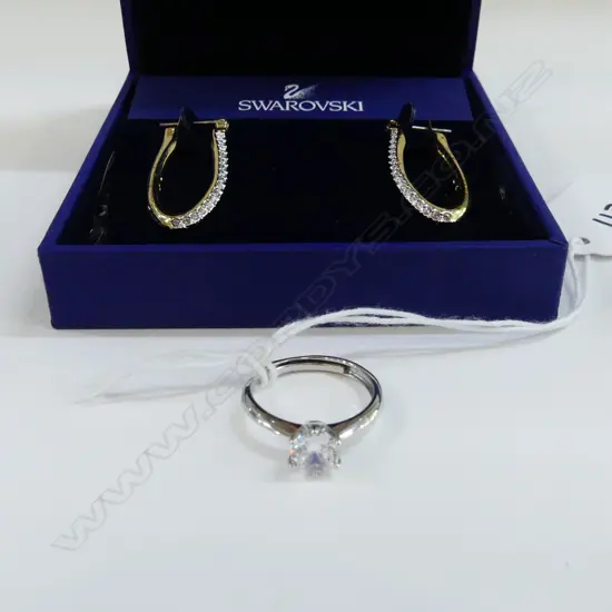 SILVER? 1CT MOISSANITE RING ADJ. SIZE + PR SWAROVSKI GP HOOP EARRINGS