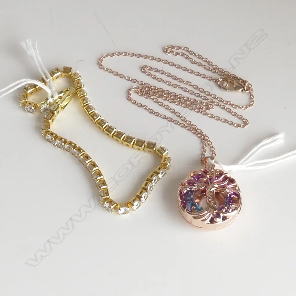 2 PCS, COSTUME DIAMANTE TENNIS BRACELET & 'TREE OF LIFE' PENDANT ON CHAIN Image 1++
