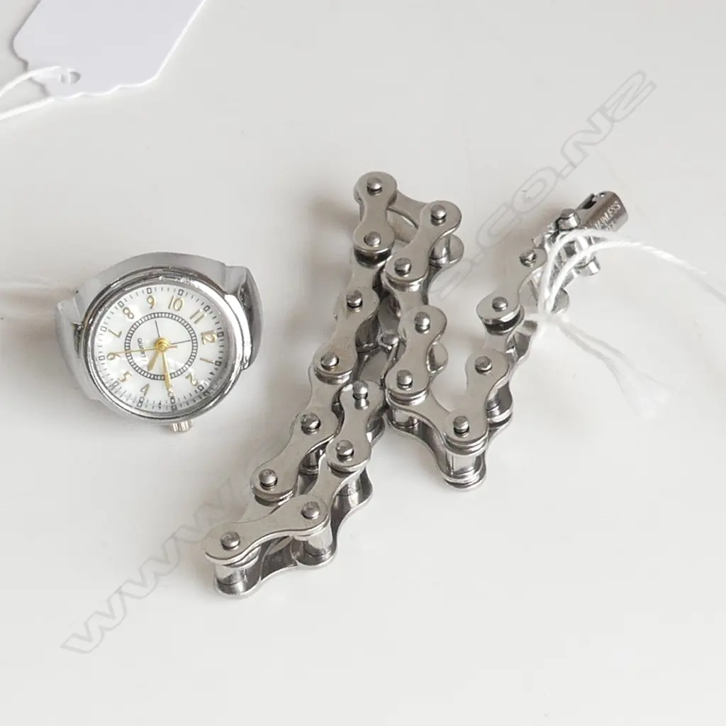 STAINLESS STEEL BIKER CHAIN BRACELET, L200mm & SILVER METAL FINGER WATCH Image 1++