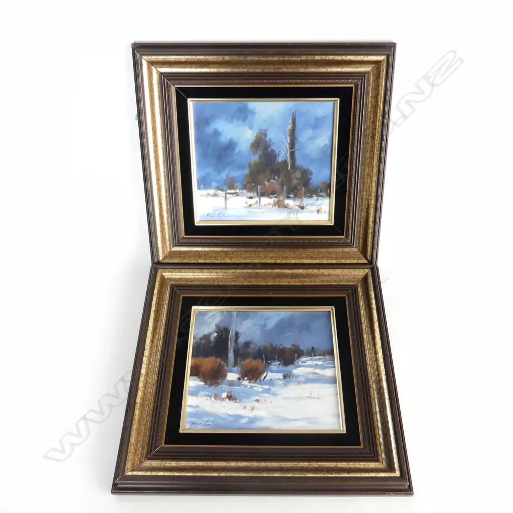 PR WAYNE SINCLAIR OILS 'REEFTON WINTER' & 'WEST COAST WINTER' OIL ON BOARD 195x220mm Image 1++