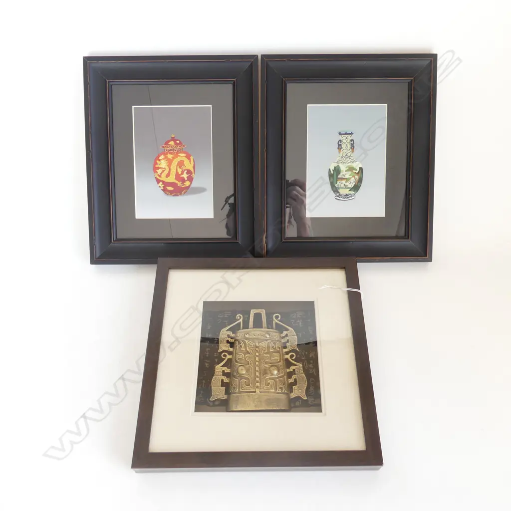 THREE FRAMED WORKS. TWO CHINESE WOVEN SILK IMAGE OF VASES PLUS ONE HALF MODEL OF BRONZE URN. ALL APROX 300X300mm Image 1++