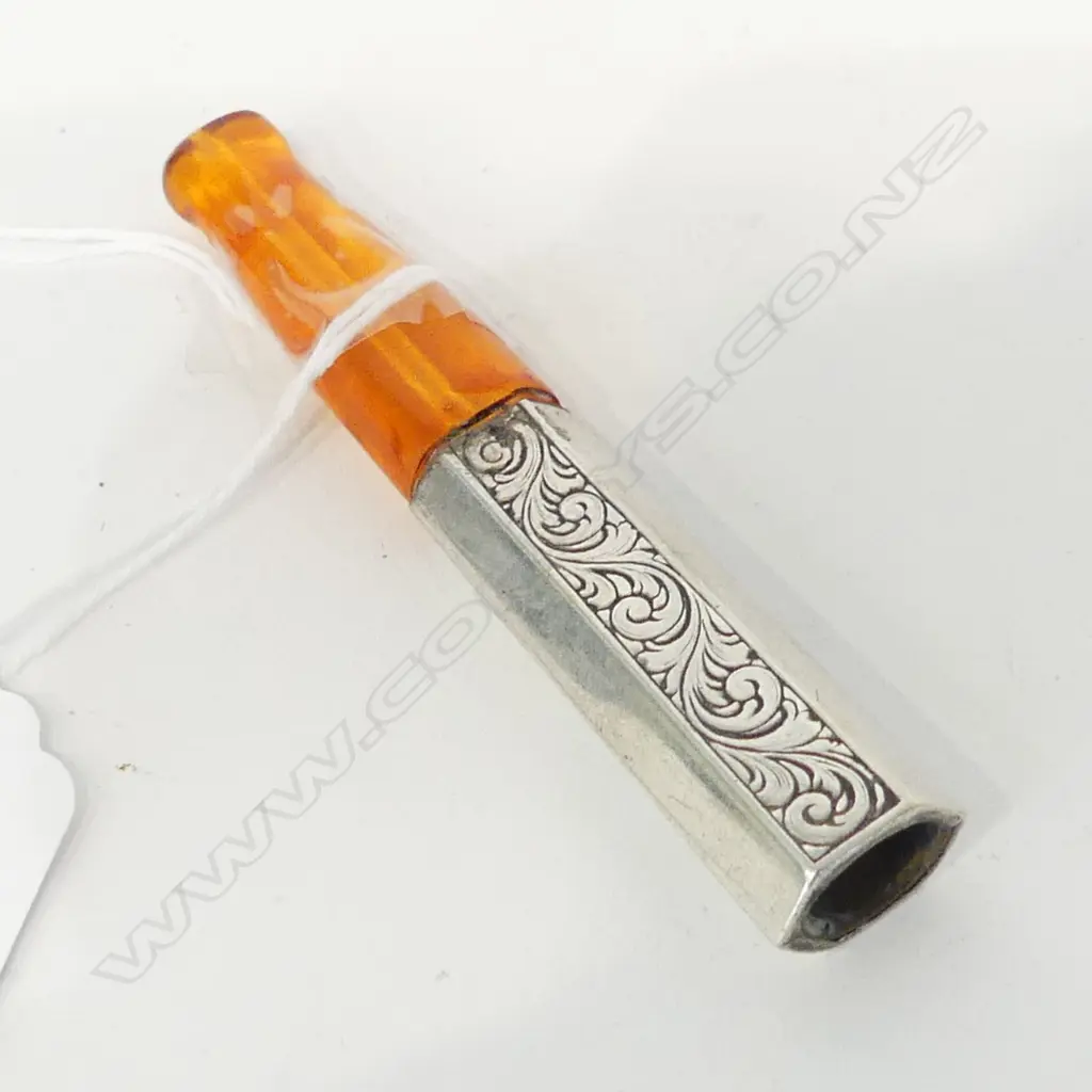 ANTIQUE CONTINENTAL SILVER & AMBER CHEROOT HOLDER , L.80mm Image 1++