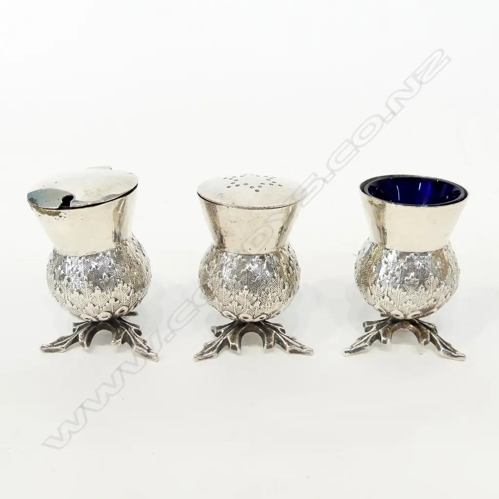 ANTIQUE SILVER PLATE SCOTTISH THISTLE 3PC CRUET SET WITH BLUE GLASS INSERTS ENGLISH MARKERS MARKS Image 1++