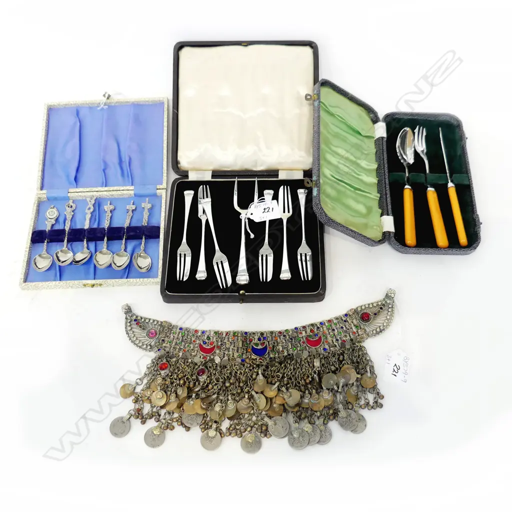 THREE SETS BOXED PLATED SPOONS ETC &  INDIAN ANKLET Image 1++