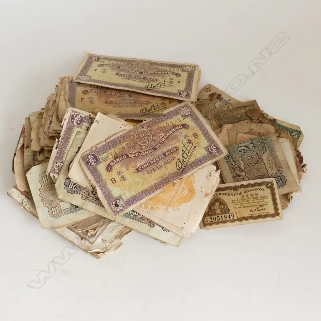 BAG VINTAGE FRENCH INDONESIA & MACAU ETC NOTES SOME FAULTED insect damage Image 1++