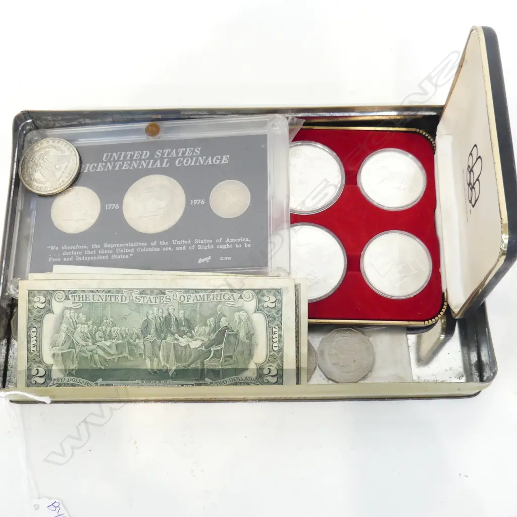 TIN ASST. WORLD NOTES & COINS ETC Image 1++