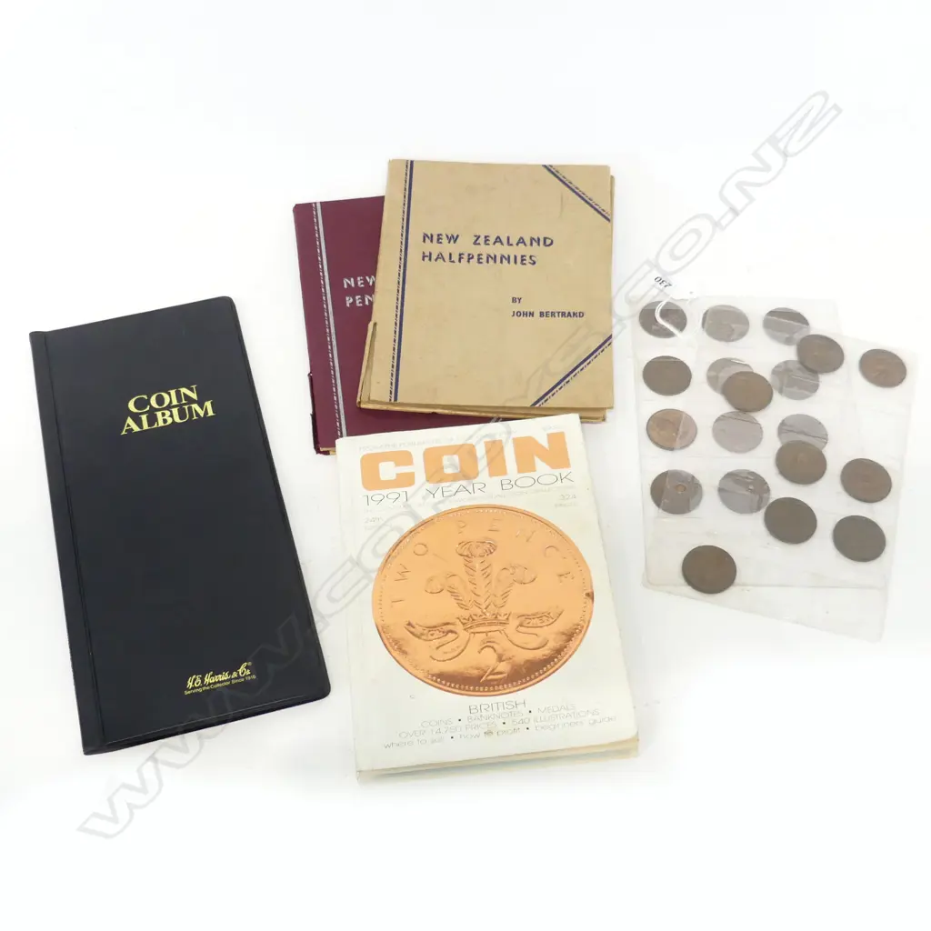 NZ PENNIES & HALF PENNIES  6 ITEMS – TWO BOOKLETS, TWO SLEEVES, EMPTY COIN ALBUM & 1991 COIN YEAR BOOK Image 1++
