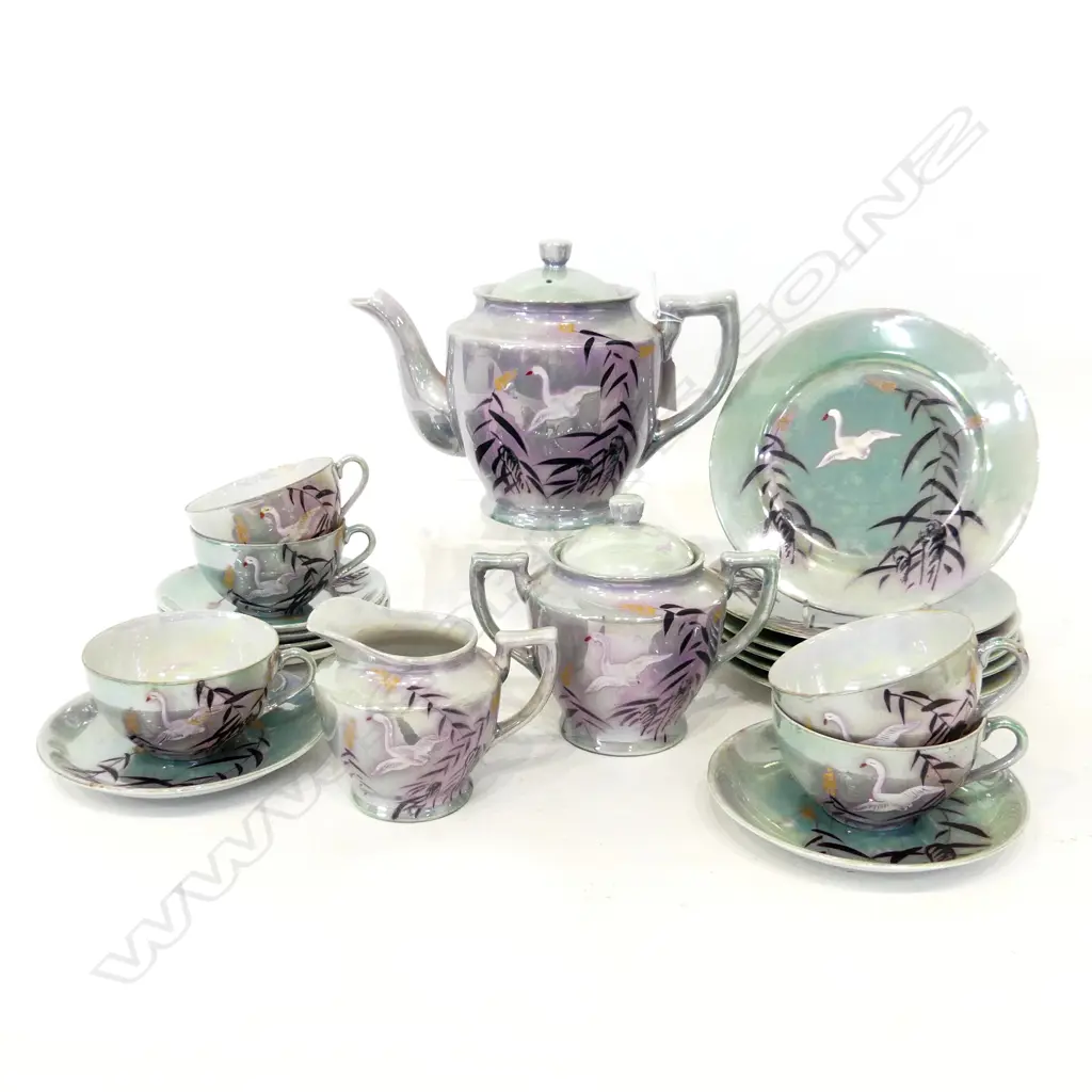 VINTAGE JAPANESE FINE CHINA TEA SET, PALE GREEN LUSTRE FINISH w SWANS, 6 SETTING (missing 1 teacup) Image 1++