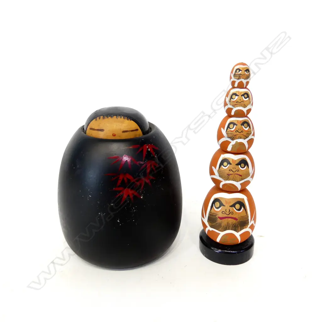 JAPANESE WOODEN KOKESHI DOLL H.100mm & 1 WOODEN HEAD PYRAMID ON BASE, H.130mm Image 1++