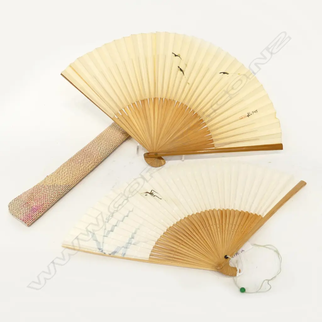 2 1960s VINTAGE JAPANESE FANS w SILK POUCH Image 1++