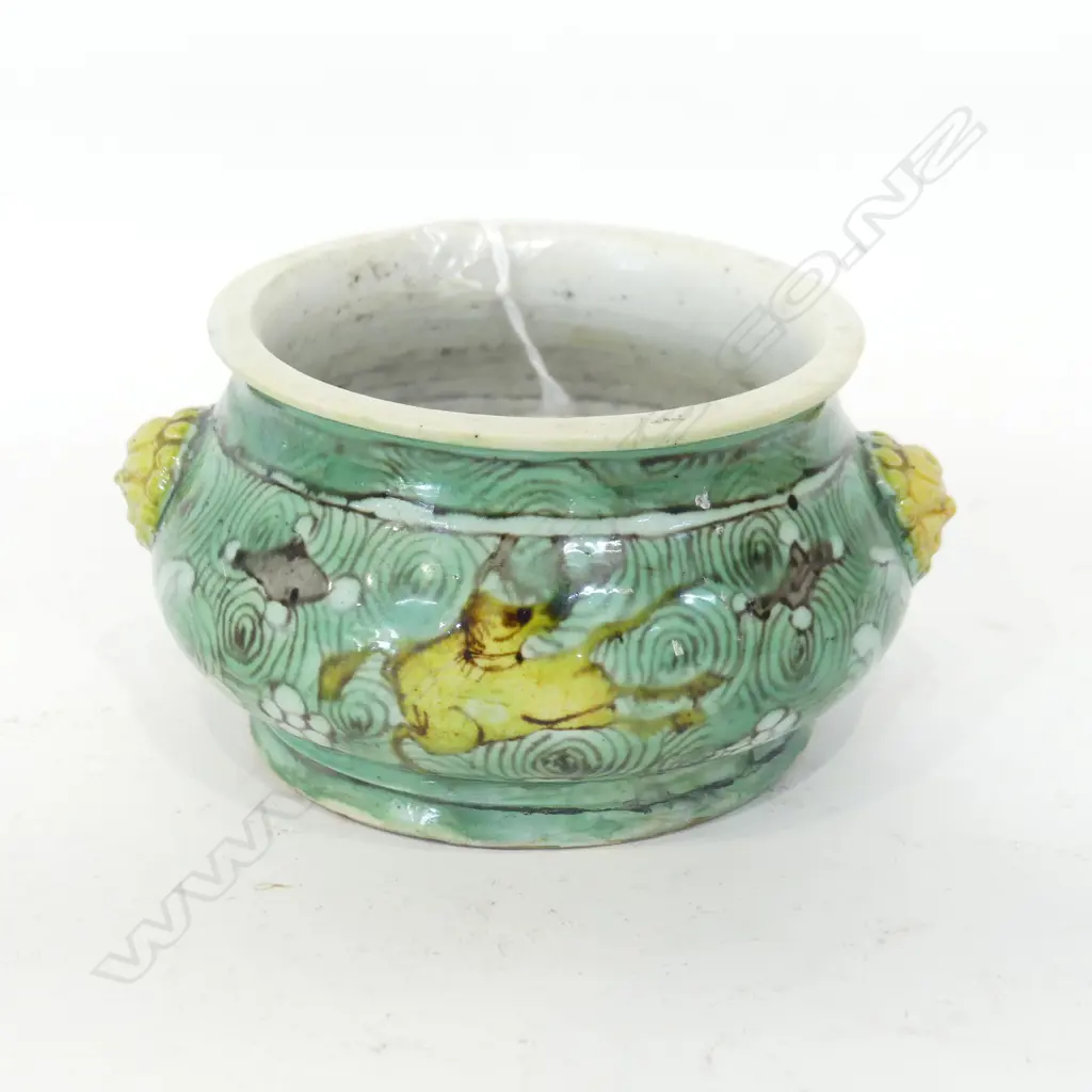 KANGXI? GREEN CENSER w. LION HEADS 115mm dia Professional restoration to base Image 1++