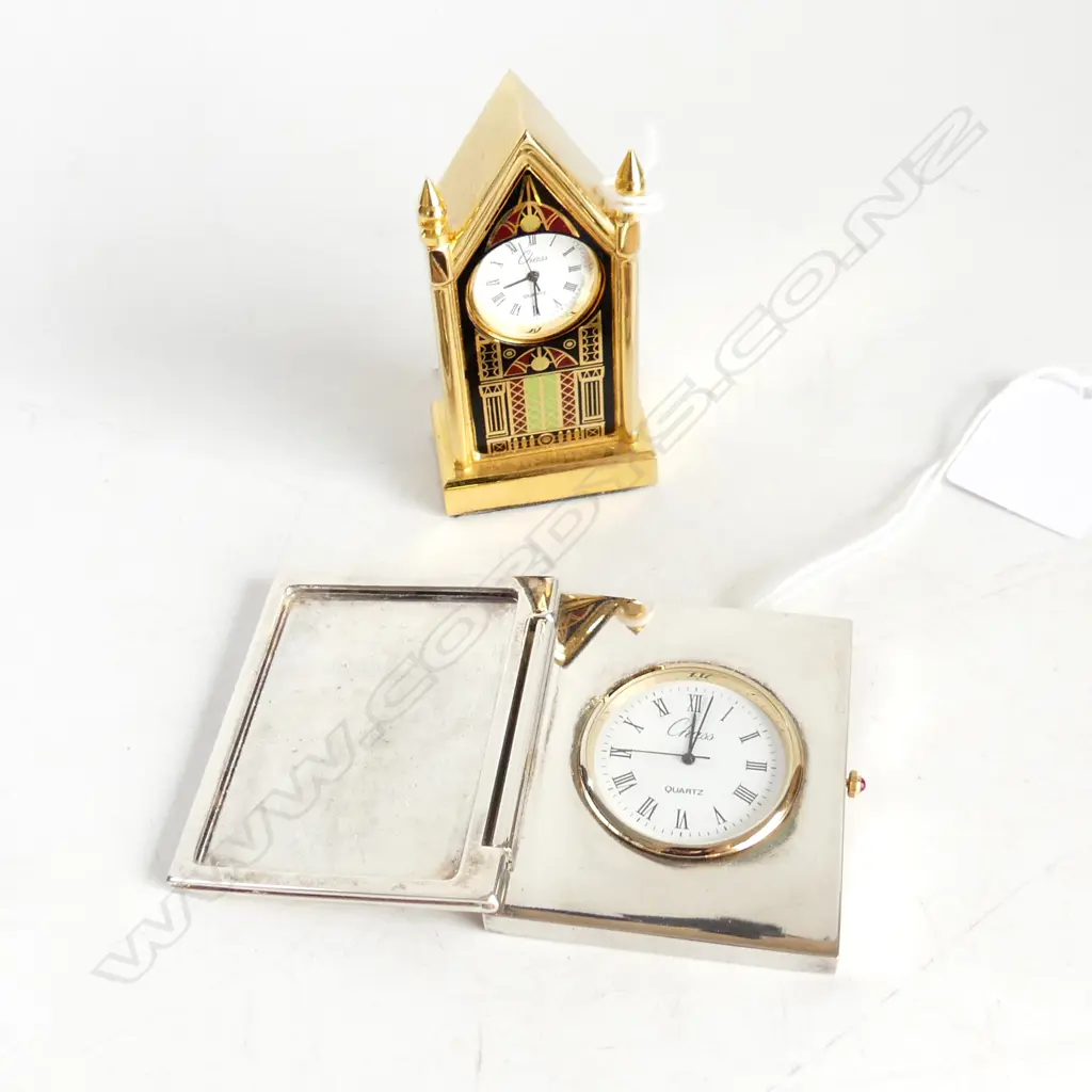 2 SML 'CHASS' CLOCKS, 1 GOLD CATHEDRAL & 1 SILVER METAL BOOK OPENING, BOTH w VELVET LINED BOXES Image 1++