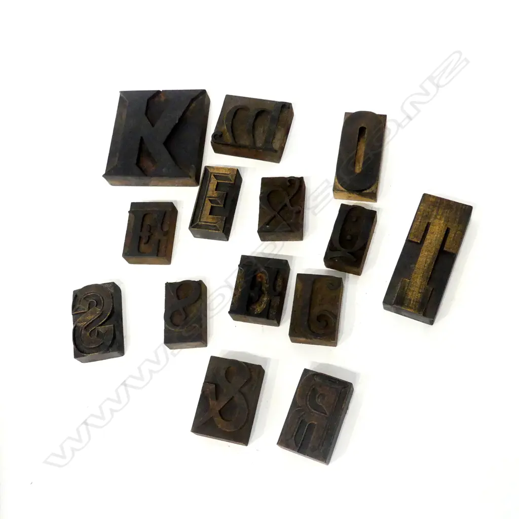 OXFORD PRESS LONDON WOODEN TYPEFACE 14 PIECES, L.55-100mm Image 1++