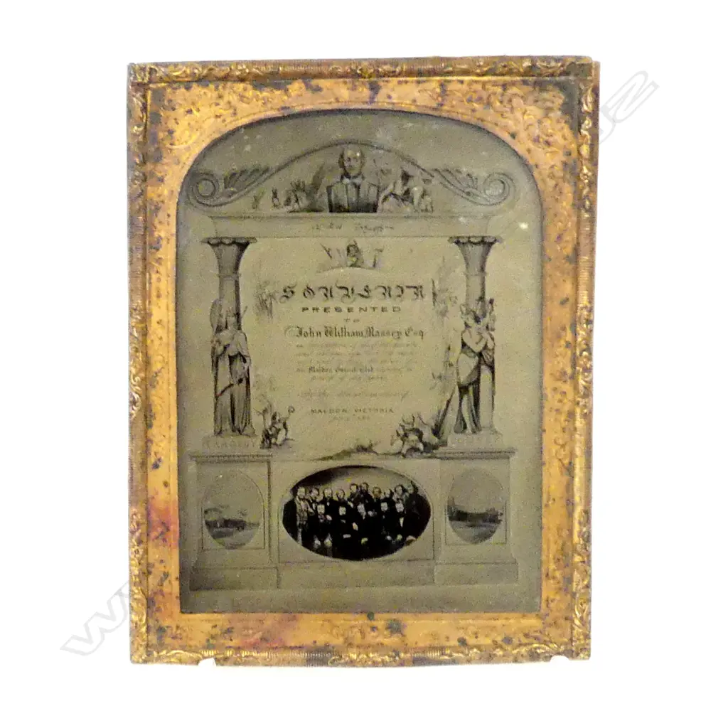 VICTORIAN GLASS PHOTOGRAPHIC ‘SOUVENIR’ PRESENTED IN 1862 TO A MEMBER OF THE GARRICK CLUB IN MALDEN, VICTORIA IN GILT BR Image 1++