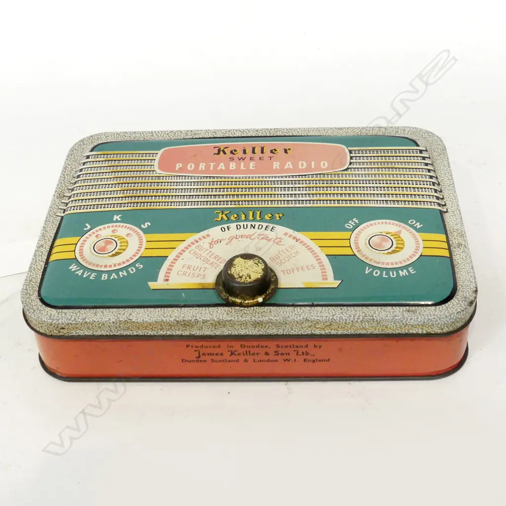 VINTAGE 1950’S ‘PORTABLE RADIO’ SWEET TIN BY JAMES KEILLER & SON DUNDEE, SCOTLAND. LOCKING MECHANISM IS RADIO DIAL KNOB, Image 1++