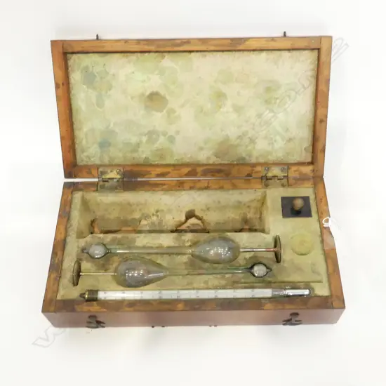 VICTORIAN SPECIFIC GRAVITY HYDROMETERS WITH THERMOMETER -25 - +60 DEGREES CELSIUS IN MAHOGANY BOX. NB: CYLINDER ABSENT,c