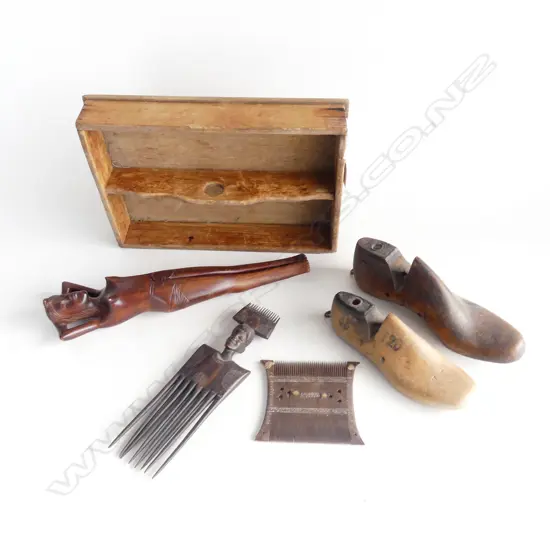 6 WOODEN PCES; CUTLERY TRAY, 2 COMBS, 2 SHOE LASTS, NUTCRACKER LADY