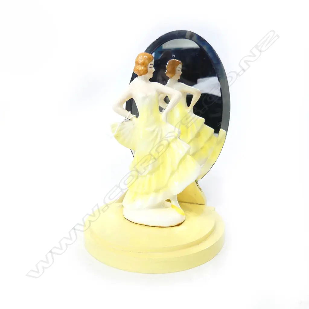1930’s ART DECO MIRROR BACKED FIGURINE ON WOODEN STAND, H.200mm Image 1++