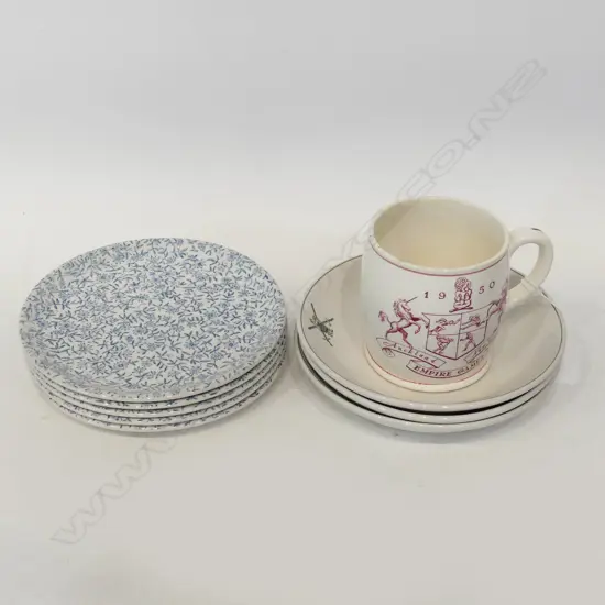 9  PCES ASST. CROWN LYNN; 1950 EMPIRE GAMES MUG, 3 NZ MILITARY BOWLS, 5 SIDE PLATES 190mm dia