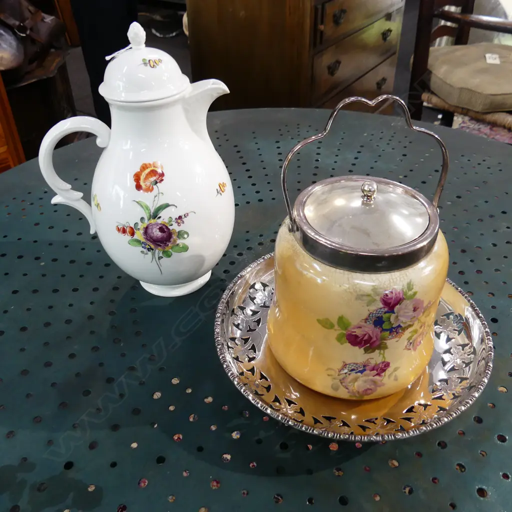 3 PCES; EP DISH 230mm dia, GERMAN PORCELAIN COFFEE POT, BISCUIT BARREL Image 1++