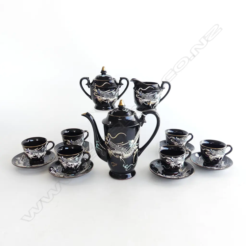 15 PC JAPANESE SATSUMA  MORIAGE DRAGONWARE COFFEE SET, BLACK & GOLD w WHITE DRAGONS, c1930 Image 1++