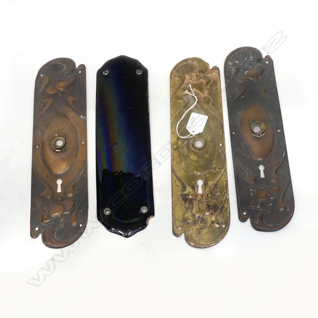 3 ART NOUVEAU METAL DOOR PUSH PANELS AND ONE CERAMIC FAULTS H 300 MM Image 1++