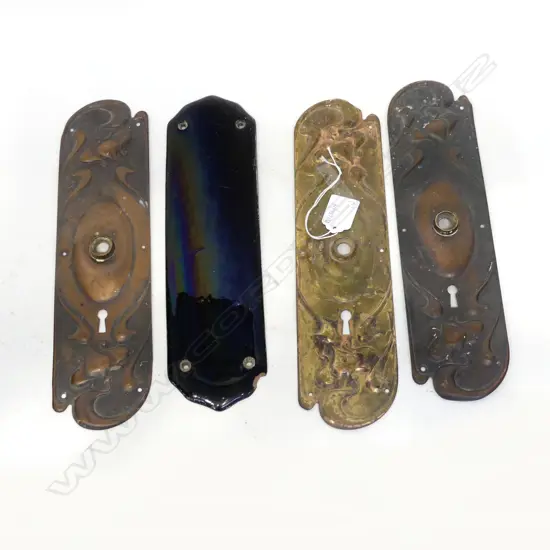 3 ART NOUVEAU METAL DOOR PUSH PANELS AND ONE CERAMIC FAULTS H 300 MM