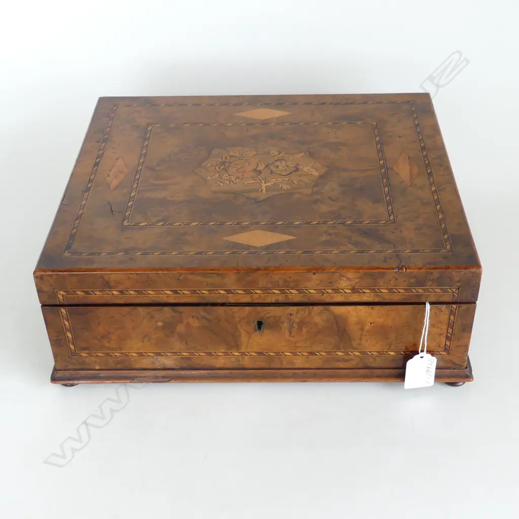 19thC WALNUT PARQUETRY floral INLAID WORK BOX 330x 280 x 120mm  Image 1++