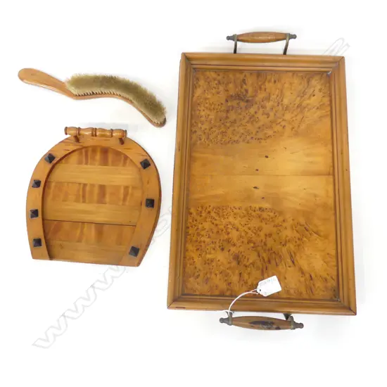 3 PCES TREEN; BRUSH & CRUMB TRAY, BURR TRAY 440x290mm