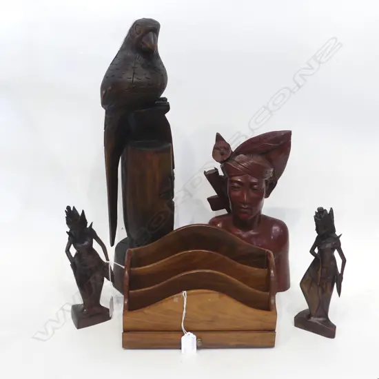 ASST CARVINGS,BIRD ON POST,BALINESE BUST,2 THAI DANCERS AND LETTER HOLDER H 540 MM