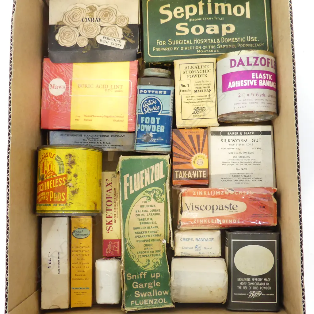 BOX OF ASSORTED VINTAGE PHARMACEUTICAL AND MEDICAL ITEMS & PACKAGING ETC Image 1++