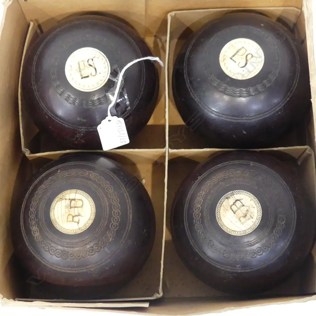 FOUR ANTIQUE LIGNUM VITAE BOWLING BALLS WITH IVORY INSERTS – THOMAS TAYLOR GLASGOW VARIOUS STAMPS N.Z.C ETC Image 1++