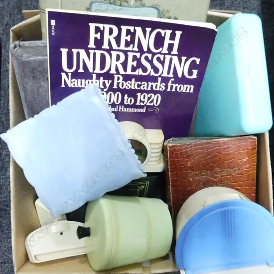 BOX LOT MOSTLY EMPTY ALBUMS + ASST. EARLY PLASTIC CONTAINERS ETC