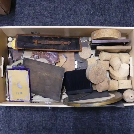 BOX – WOODEN FRAME MOUNTS, CORKS, LEATHER, VENEER, BRUSHES ETC FOR RESTORATION  