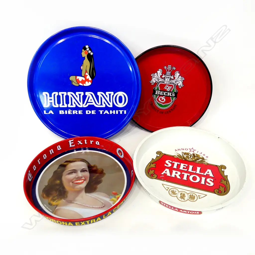 4 LG BEER TRAYS; CORONA, BECKS, STELLA ARTOIS & HINANO 410mm dia Image 1++