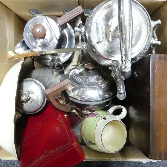BOX LOT ASST. SILVER PLATE TEAPOTS, SPIRIT KETTLE, CUTLERY, DOULTON ETC