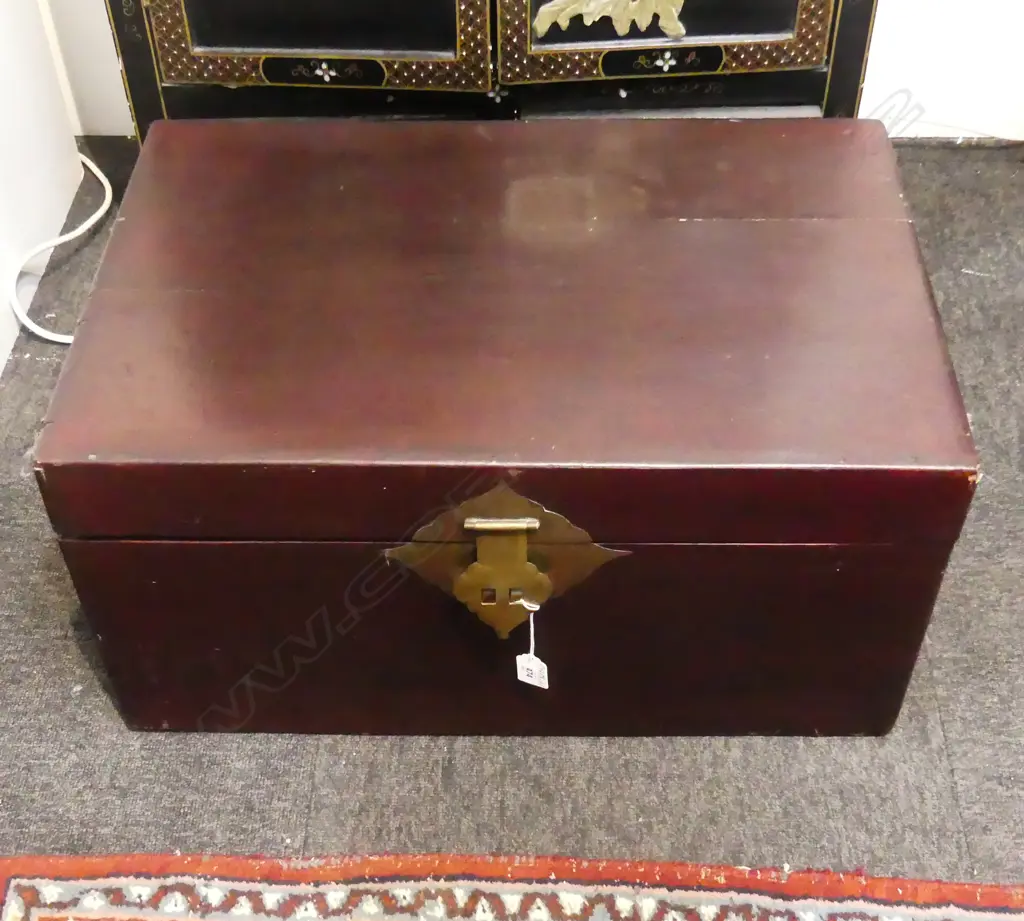 OLD CHINESE LEATHER COVERED TRUNK hinged lid brass fittings Image 1++