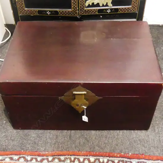 OLD CHINESE LEATHER COVERED TRUNK hinged lid brass fittings