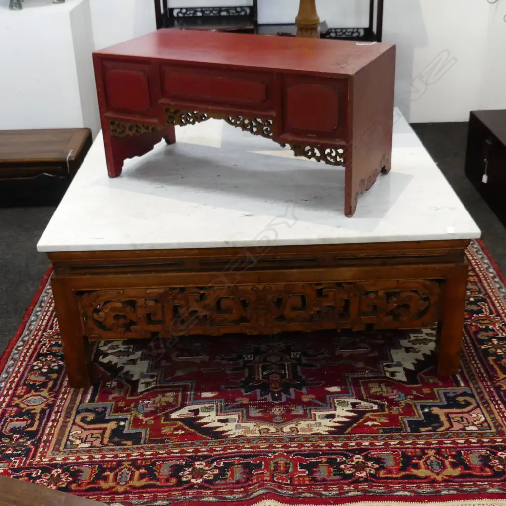 ANTIQUE ORIENTAL CARVED HARDWOOD LGE SQUARE TABLE w later white marble top 1120 x 1120 x 465mm Image 1++