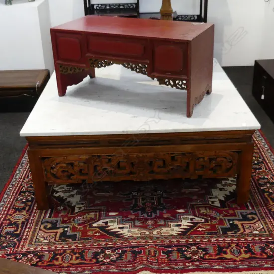 ANTIQUE ORIENTAL CARVED HARDWOOD LGE SQUARE TABLE w later white marble top 1120 x 1120 x 465mm