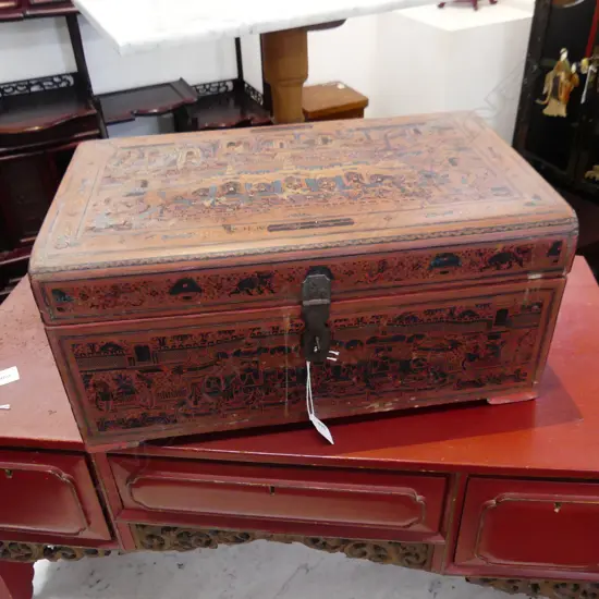 OLD RED LACQUERED BOX finely decorated w court scenes. W.460mm