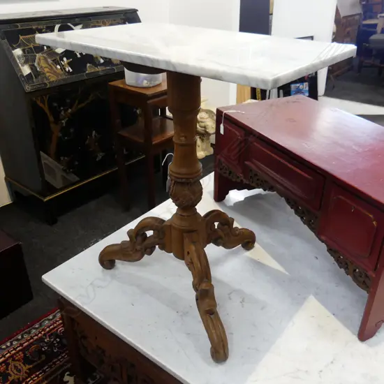 OLD CARVED HARDWOOD TRIPOD TABLE W white marble top. H.670mm