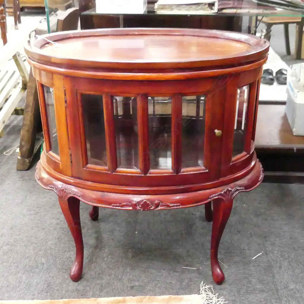 MAHOGANY OVAL DISPLAY CABINET SIDE TABLE 730x480x770mm Image 1++