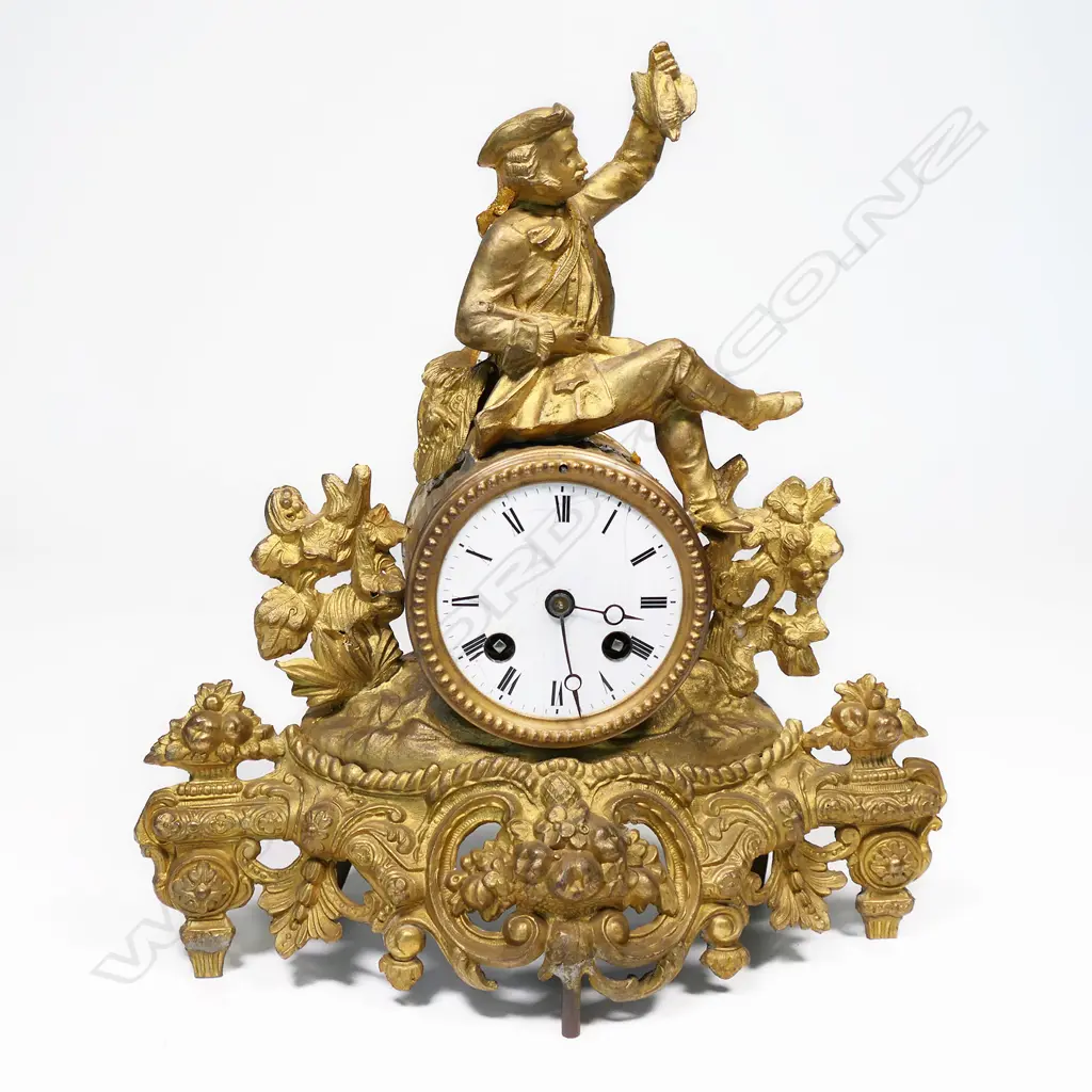 19thC ANTIQUE FRENCH GILTED MANTEL CLOCK, W VINTAGE GLASS DOME, 350 X 380mm (DOME) Image 1++