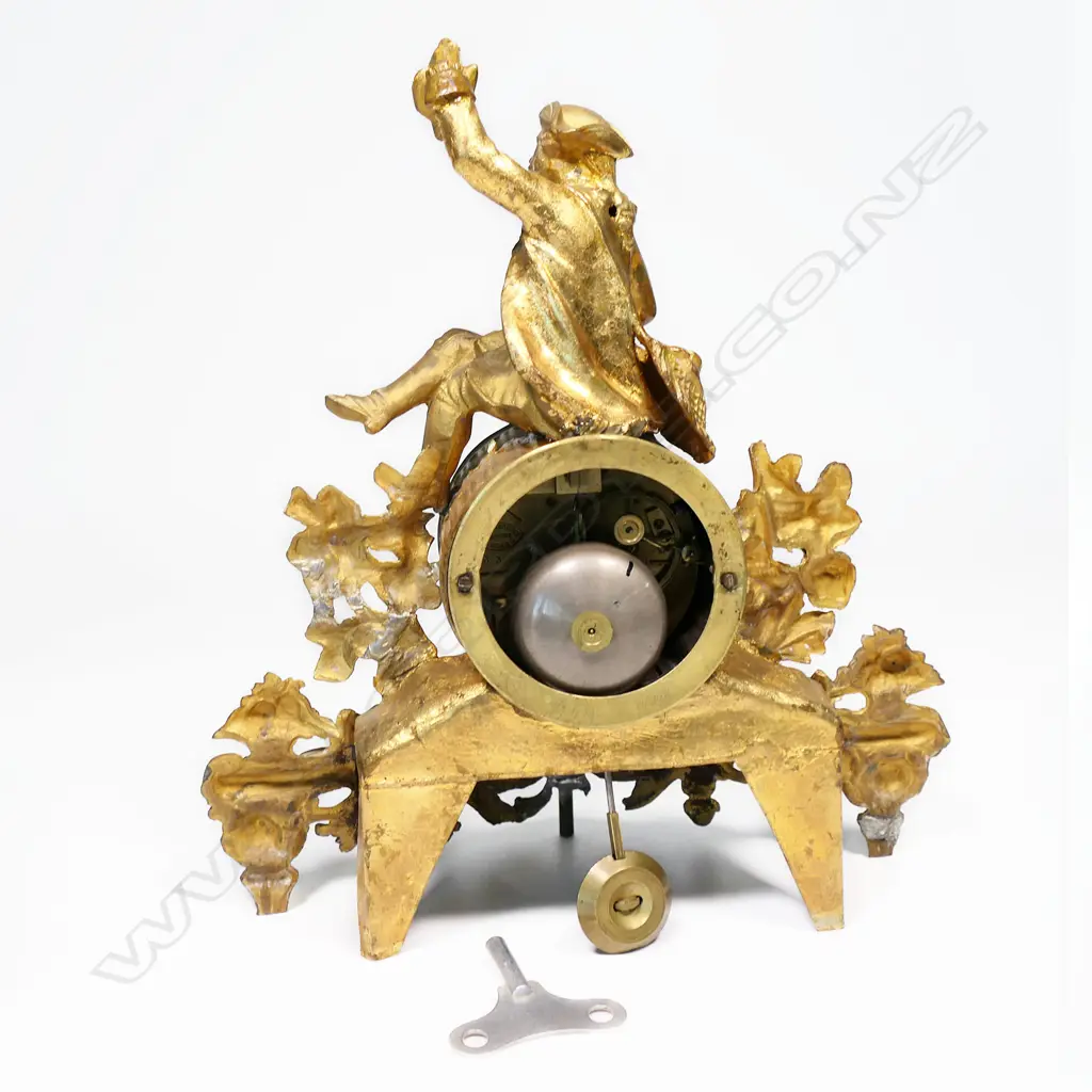 19thC ANTIQUE FRENCH GILTED MANTEL CLOCK, W VINTAGE GLASS DOME, 350 X 380mm (DOME) Image 1++