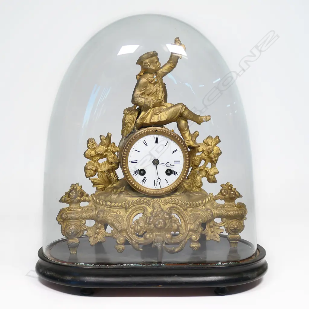 19thC ANTIQUE FRENCH GILTED MANTEL CLOCK, W VINTAGE GLASS DOME, 350 X 380mm (DOME) Image 1++