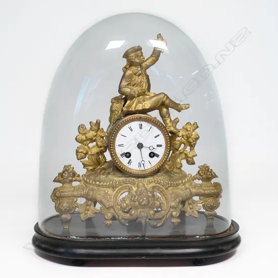 19thC ANTIQUE FRENCH GILTED MANTEL CLOCK, W VINTAGE GLASS DOME, 350 X 380mm (DOME)