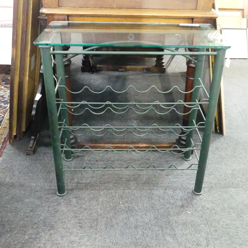 GREEN PAINTED METAL WINE RACK TABLE - GLASS TOP 750x350x770mm Image 1++