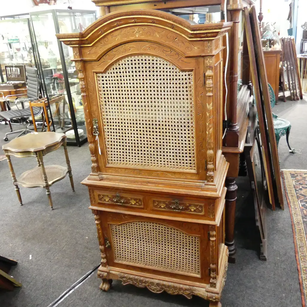 OLD ORIENTAL CARVED HARDWOOD 2 SECTION CABINET 2 carved doors 1 drawer. Gilded H.1575mm Image 1++